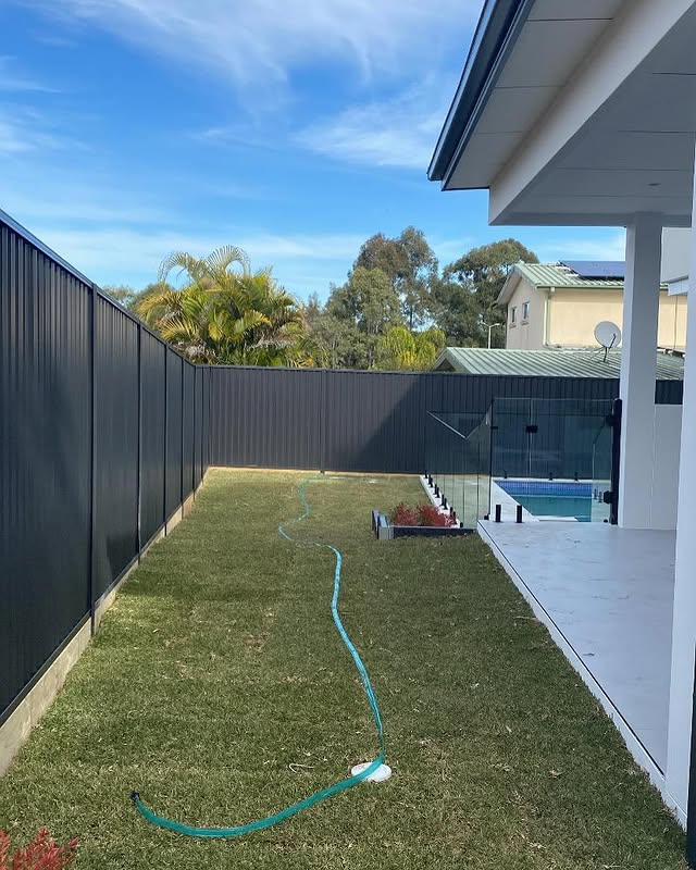 backyard lawn with green hose on the ground
